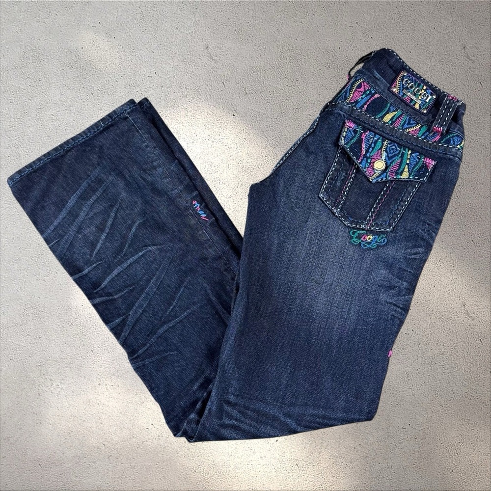 Y2K Vintage Coogi Embroidered Rainbow Stitch Low Rise Bootcut Jeans Size 7/8